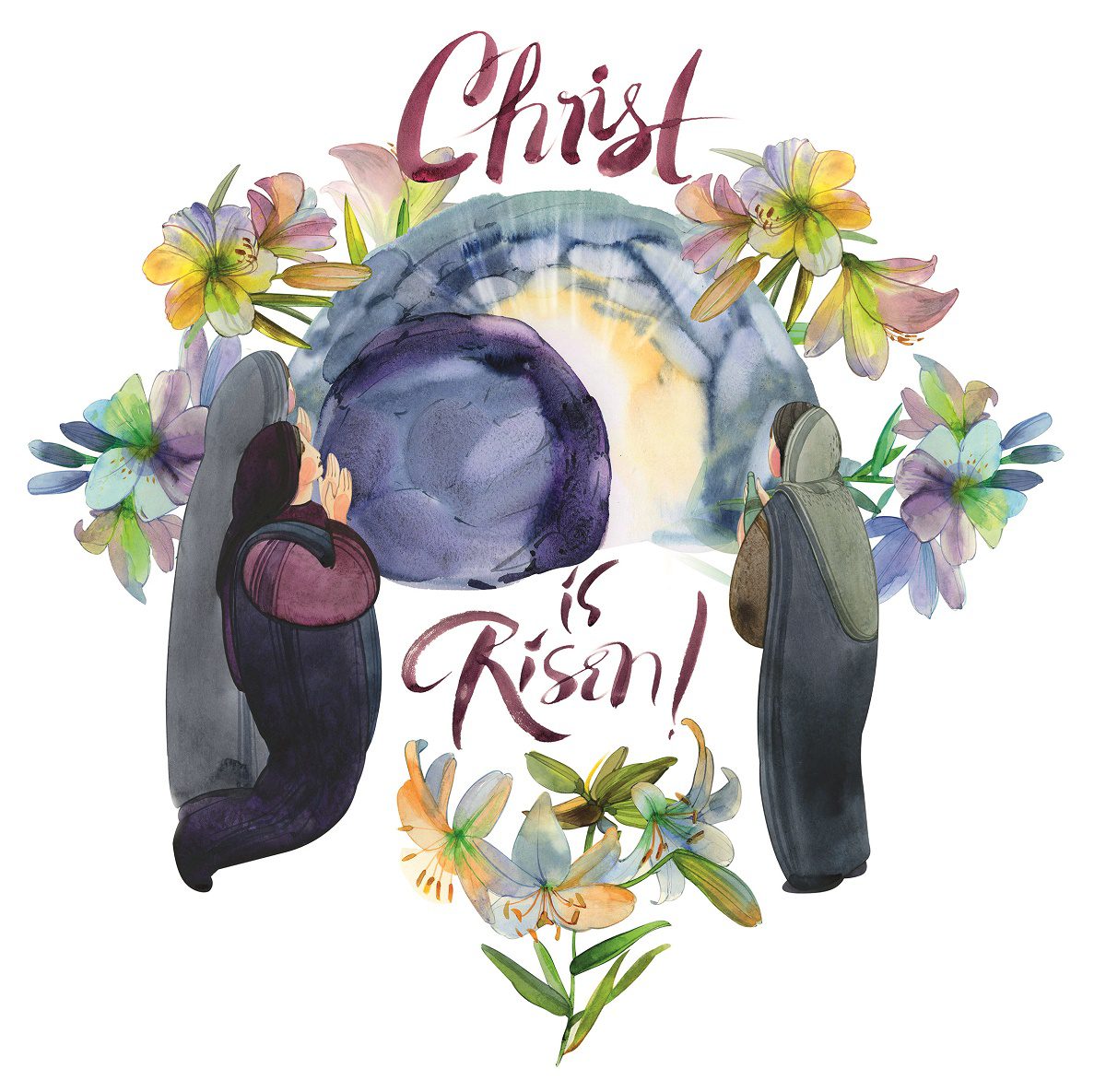 Picture of Easter watercolor illustration: the cave of jesus christ, the myrrh bearing wife, a wreath of lilies, the inscription Picture of Easter watercolor illustration: the cave of jesus christ, the myrrh bearing wife, a wreath of lilies, the inscription